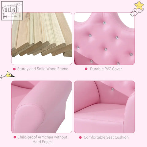 Pink tufted pvc-covered kids sofa armchair with diamond embellishments and matching footstool in a sturdy wooden frame