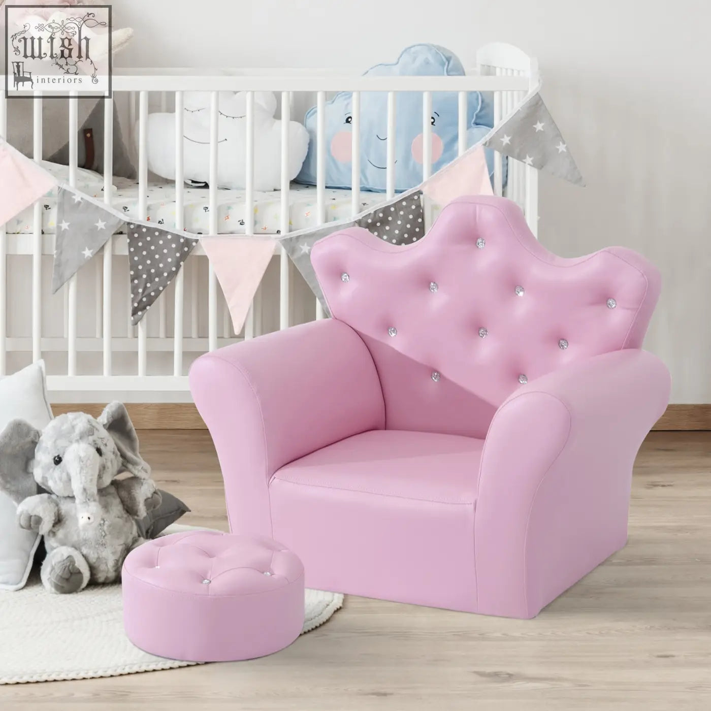 Pink tufted kids sofa chair with crown backrest and sparkling rhinestones paired with matching footstool PU leather