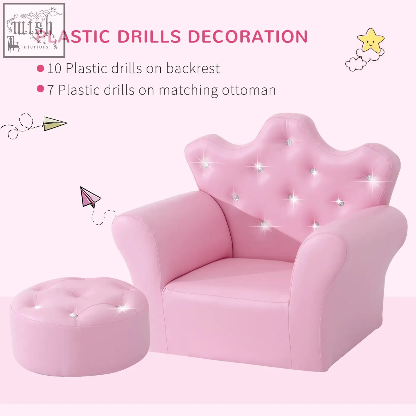 Pink tufted kids sofa set with crown backrest and matching footstool decorated with sparkling plastic drills in pu leather