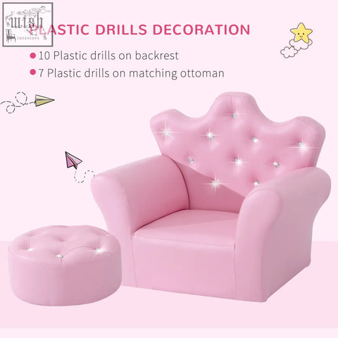Pink tufted kids sofa set with crown backrest and matching footstool decorated with sparkling plastic drills in pu leather