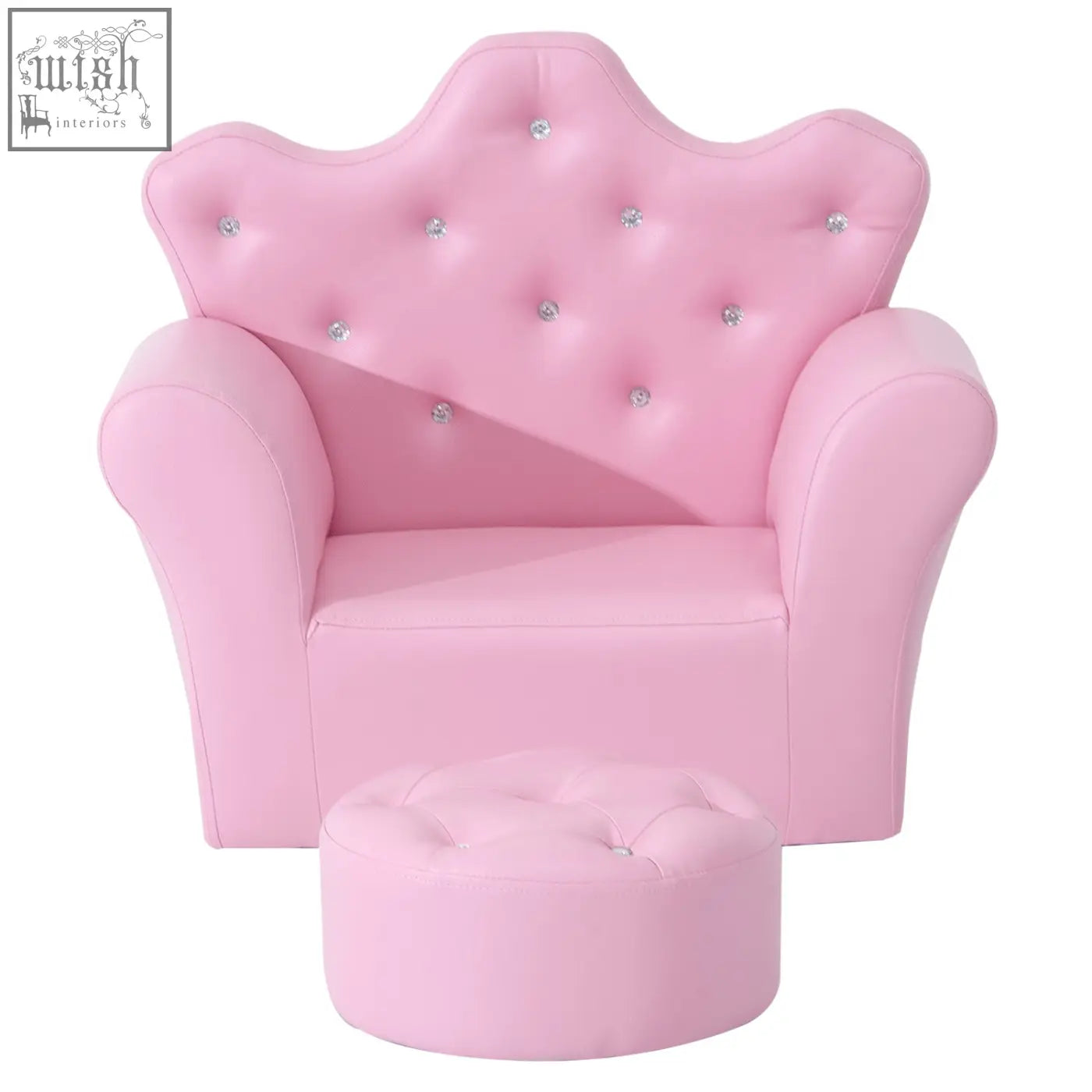 Pink princess-themed kids sofa set with tufted armchair and matching footstool in pu leather with rhinestones