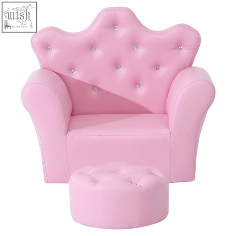 Pink princess-themed kids sofa set with tufted armchair and matching footstool in pu leather with rhinestones