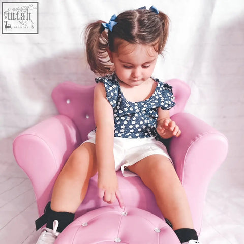 Pink tufted kids sofa set with matching footstool made of pu leather perfect for girls seating and play