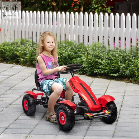 Red and black homcom children pedal go kart with passion branding, inflatable rubber tyres and adjustable seat for ages 5-12