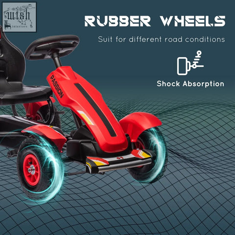 Red and black HOMCOM children pedal go kart with inflatable rubber tyres, adjustable seat, handbrake, and reverse functions