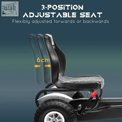 Black 3-position adjustable padded seat on homcom kids pedal go kart with inflatable rubber tyres and reverse functions