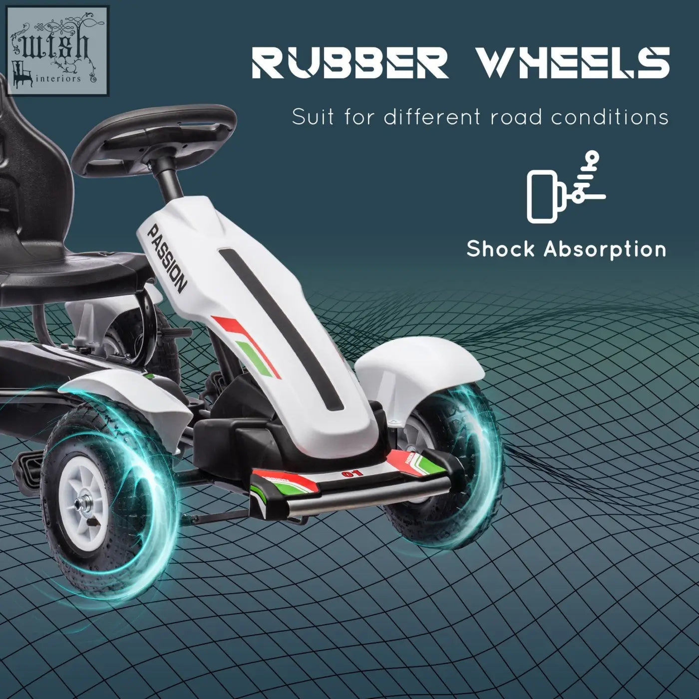 Homcom children pedal go kart in white with inflatable rubber tyres and red green white racing stripes for ages 5-12