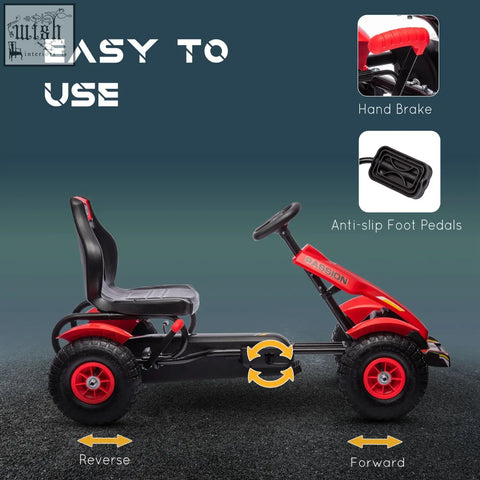 Red and black HOMCOM children pedal go kart with passion logo featuring inflatable rubber tyres and reverse functions for kids 5-12