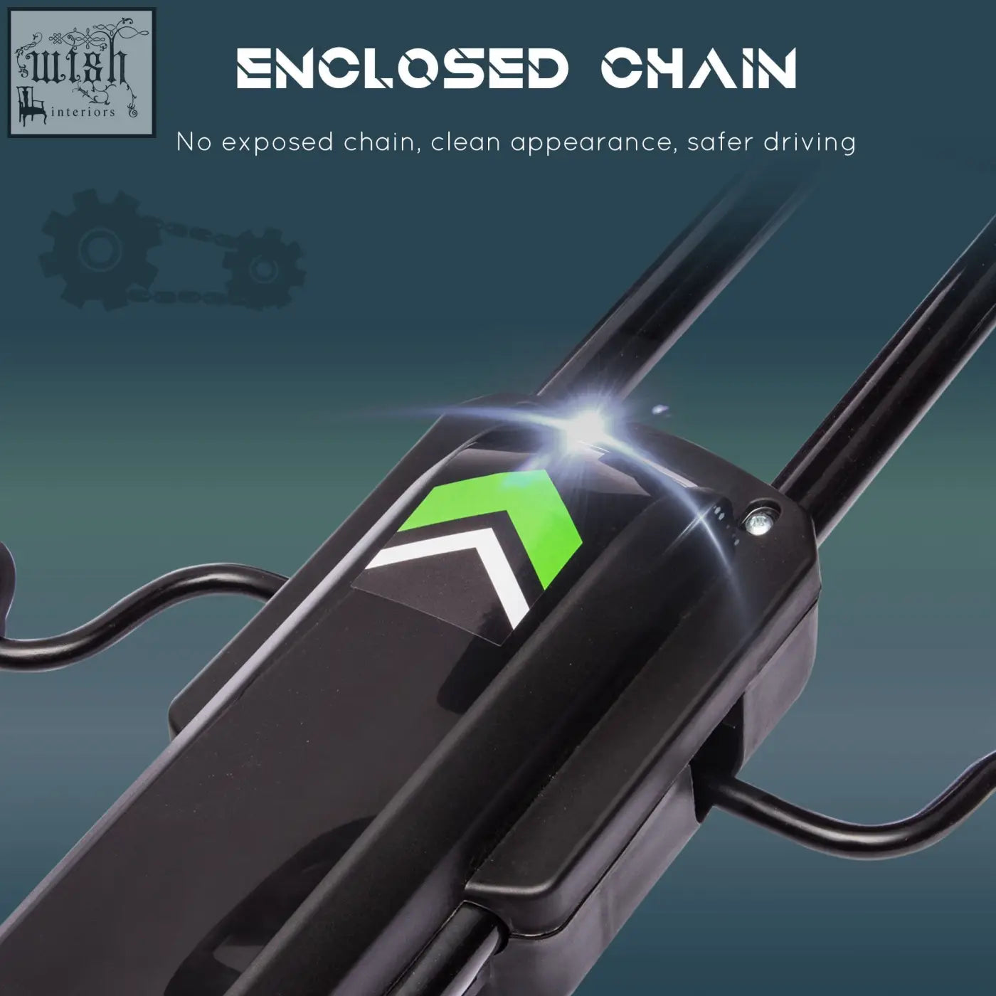 Black enclosed chain drive unit with green white arrow logo on back of red homcom kids go kart with inflatable rubber tyres