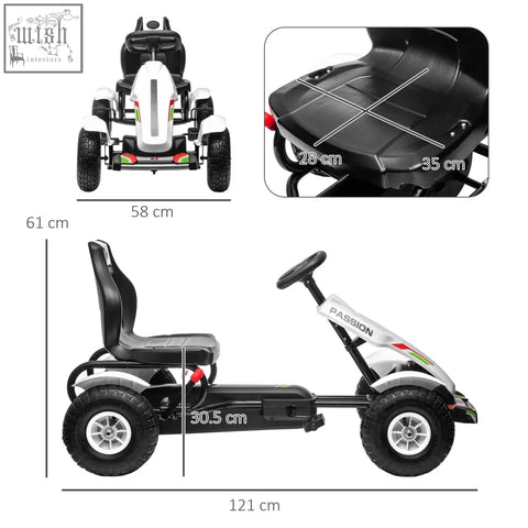 Homcom children pedal go kart in white with inflatable rubber tyres and adjustable seat for kids aged 5 to 12 years