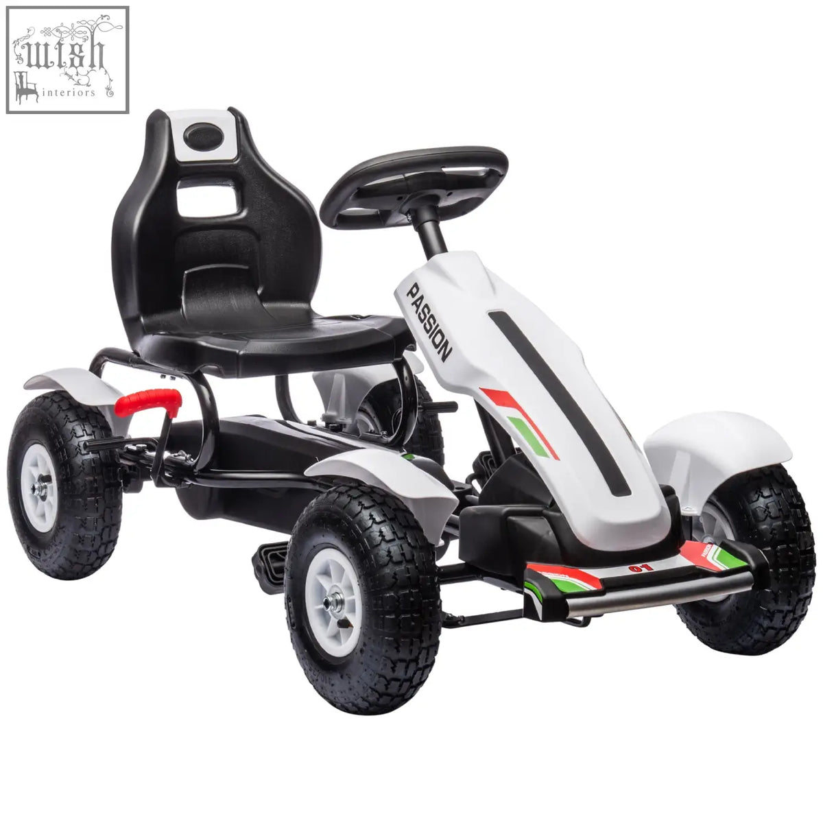 Homcom children pedal go kart in white with italian flag accents sporty design inflatable rubber tyres and reverse functions