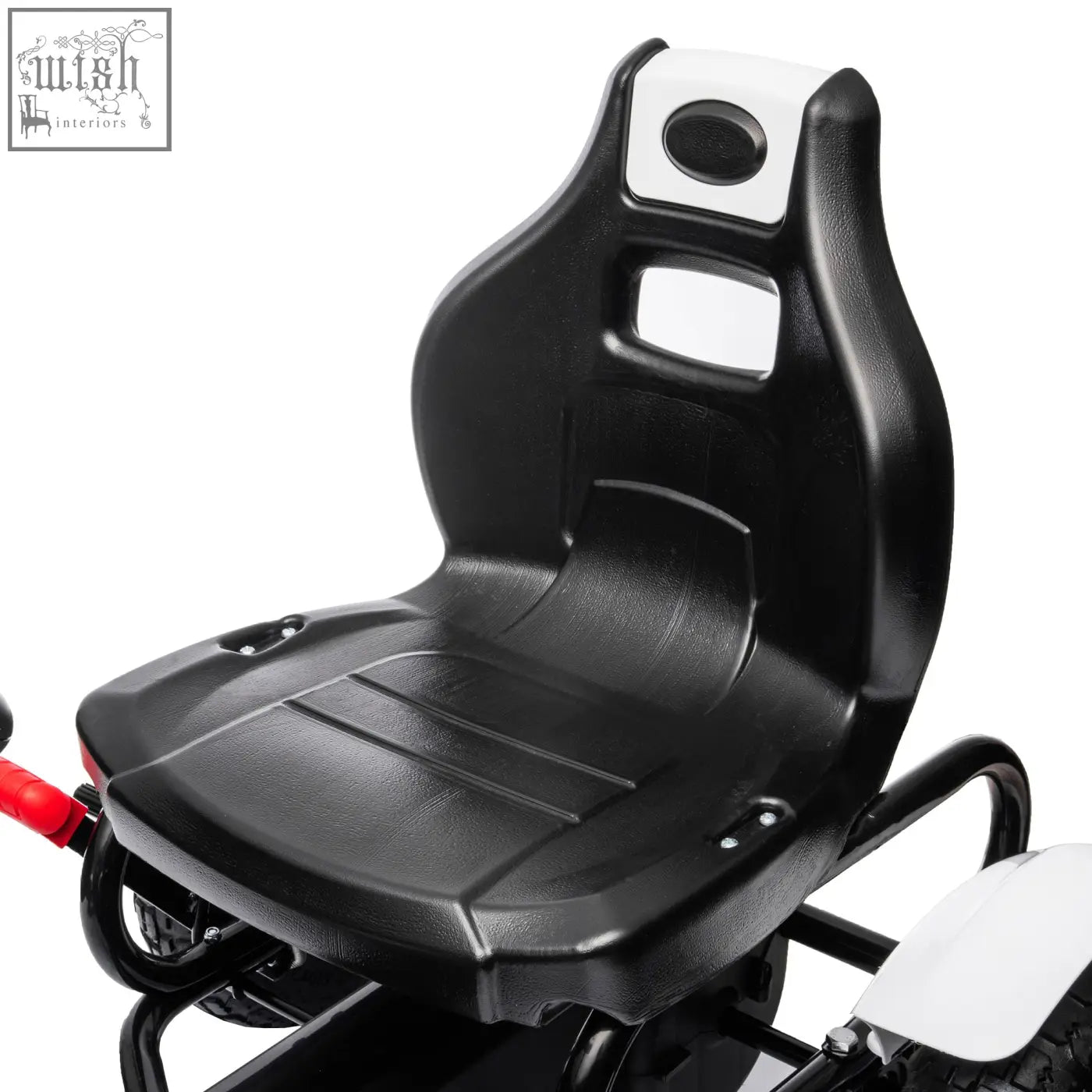 Black plastic racing-style seat with white accents and contoured design on homcom kids pedal go kart with inflatable rubber tyres