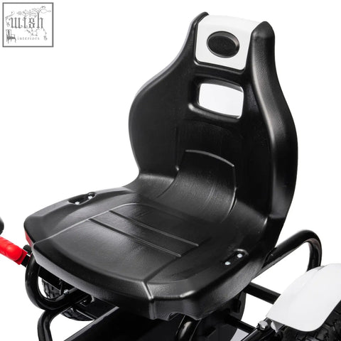 Black plastic racing-style seat with white accents and contoured design on homcom kids pedal go kart with inflatable rubber tyres