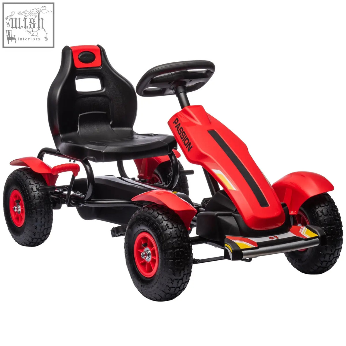 Red and black HOMCOM children pedal go kart with passion logo, inflatable rubber tyres, adjustable seat, and handbrake