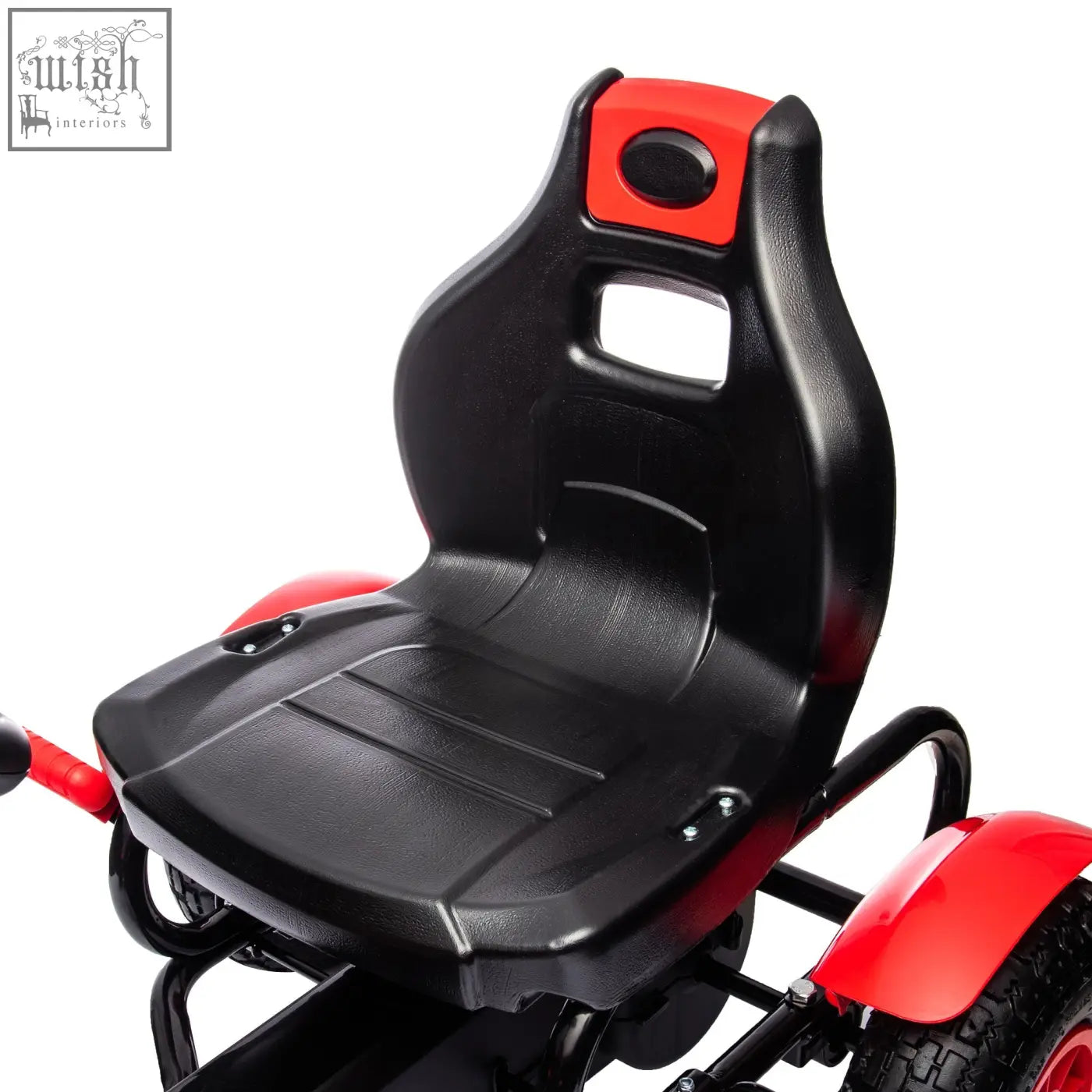 Black and red homcom children pedal go kart seat with textured plastic upholstery and inflatable rubber tyres
