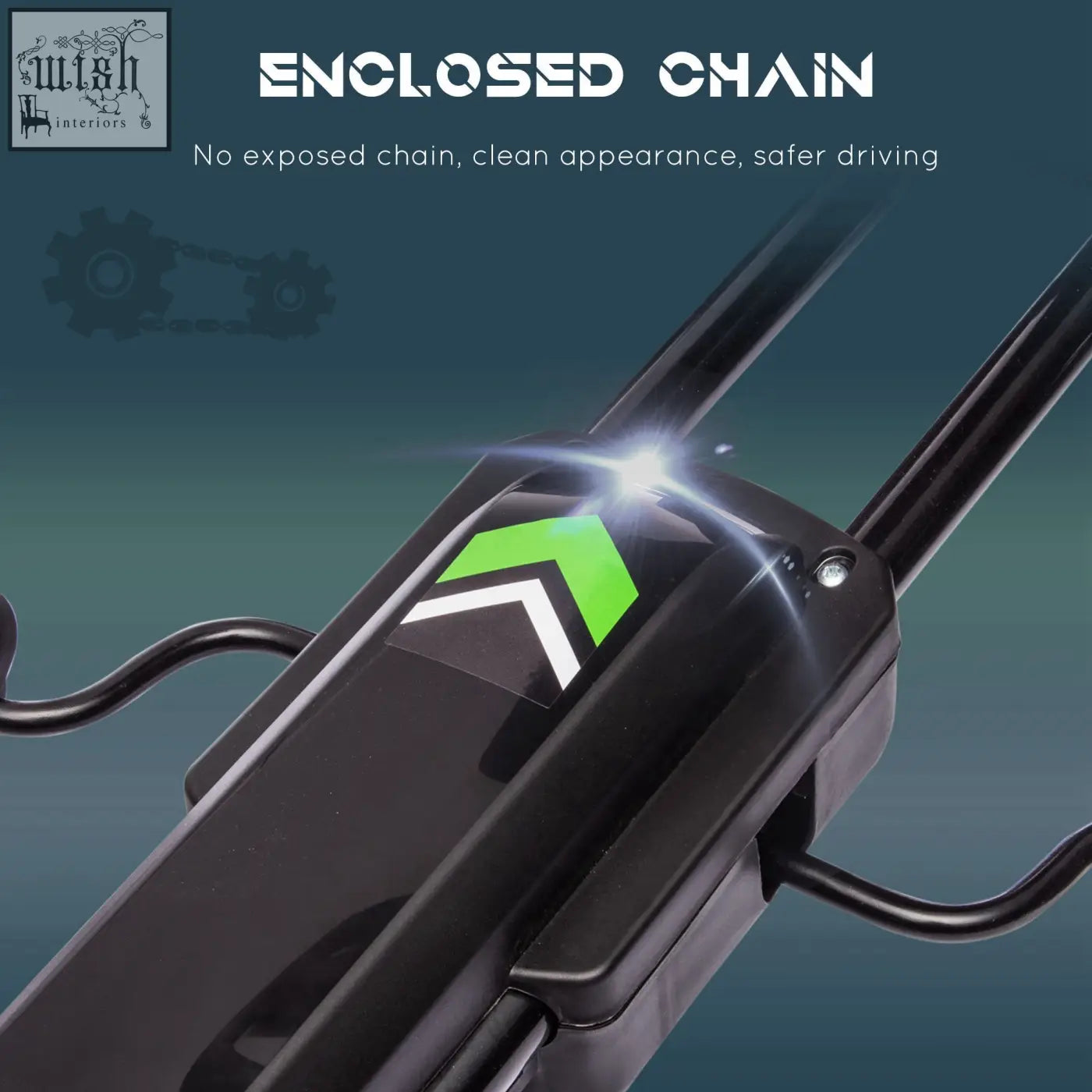 Black enclosed chain drive unit with green white arrow logo on white homcom kids pedal go kart featuring inflatable rubber tyres and reverse functions