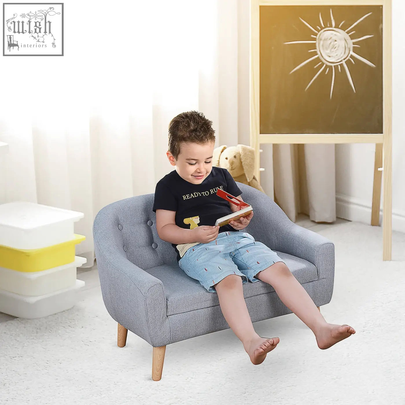 Gray upholstered kids armchair with padded seat and wooden legs from HOMCOM perfect for playroom or bedroom