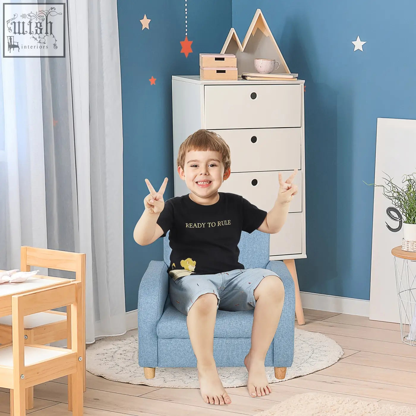 Blue linen upholstered children’s armchair with solid wood frame high armrests and anti-slip legs for playroom use