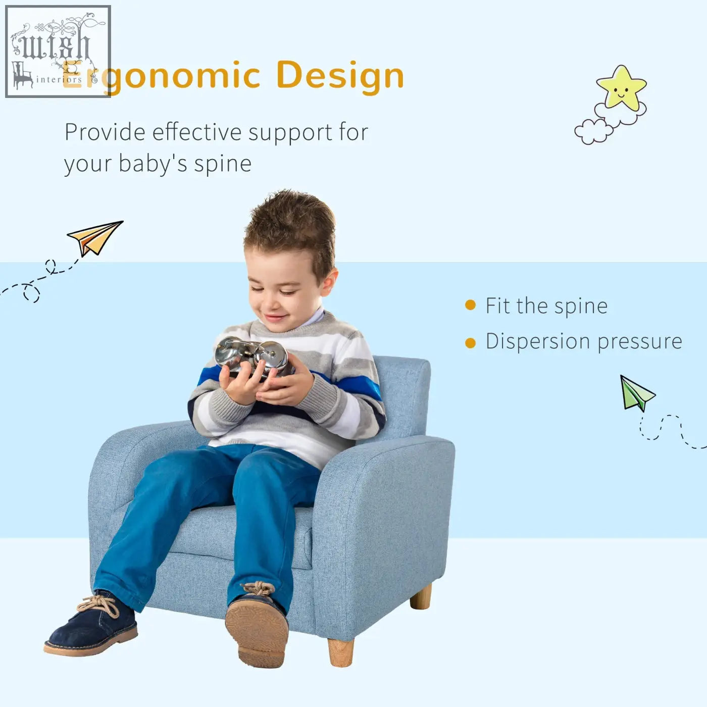Light blue upholstered children’s armchair with linen upholstery solid wood frame and high armrests for playroom use
