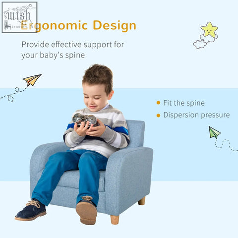Light blue upholstered children’s armchair with linen upholstery solid wood frame and high armrests for playroom use