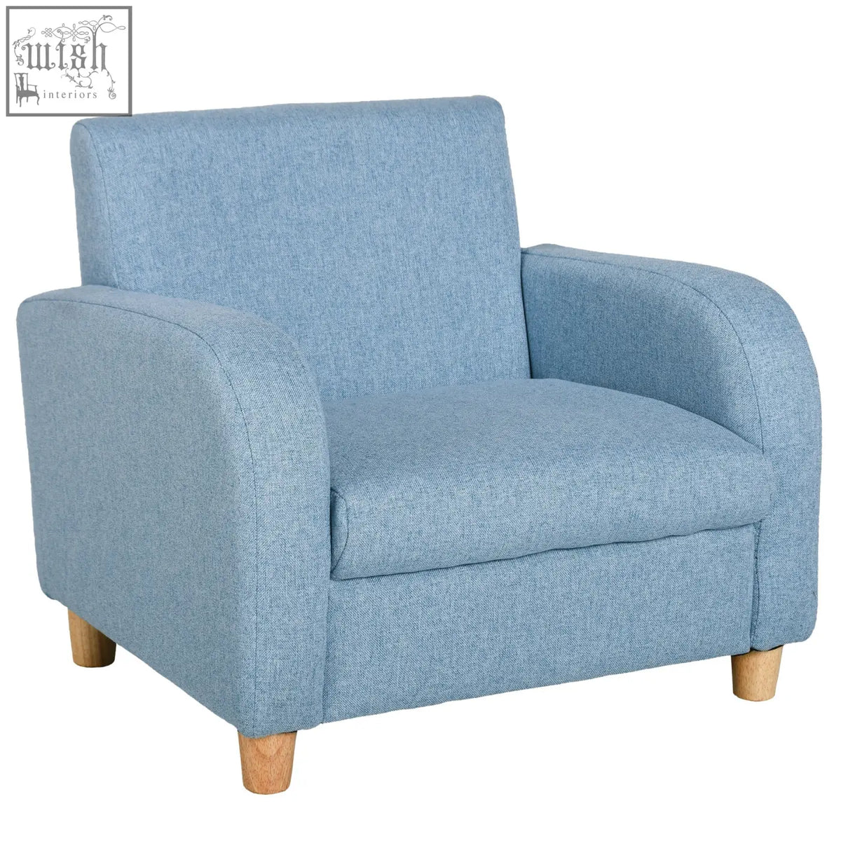 Light blue toddler armchair with high armrests linen upholstery and solid wood legs for playroom or bedroom use