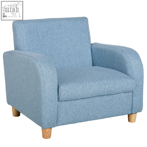 Light blue toddler armchair with high armrests linen upholstery and solid wood legs for playroom or bedroom use
