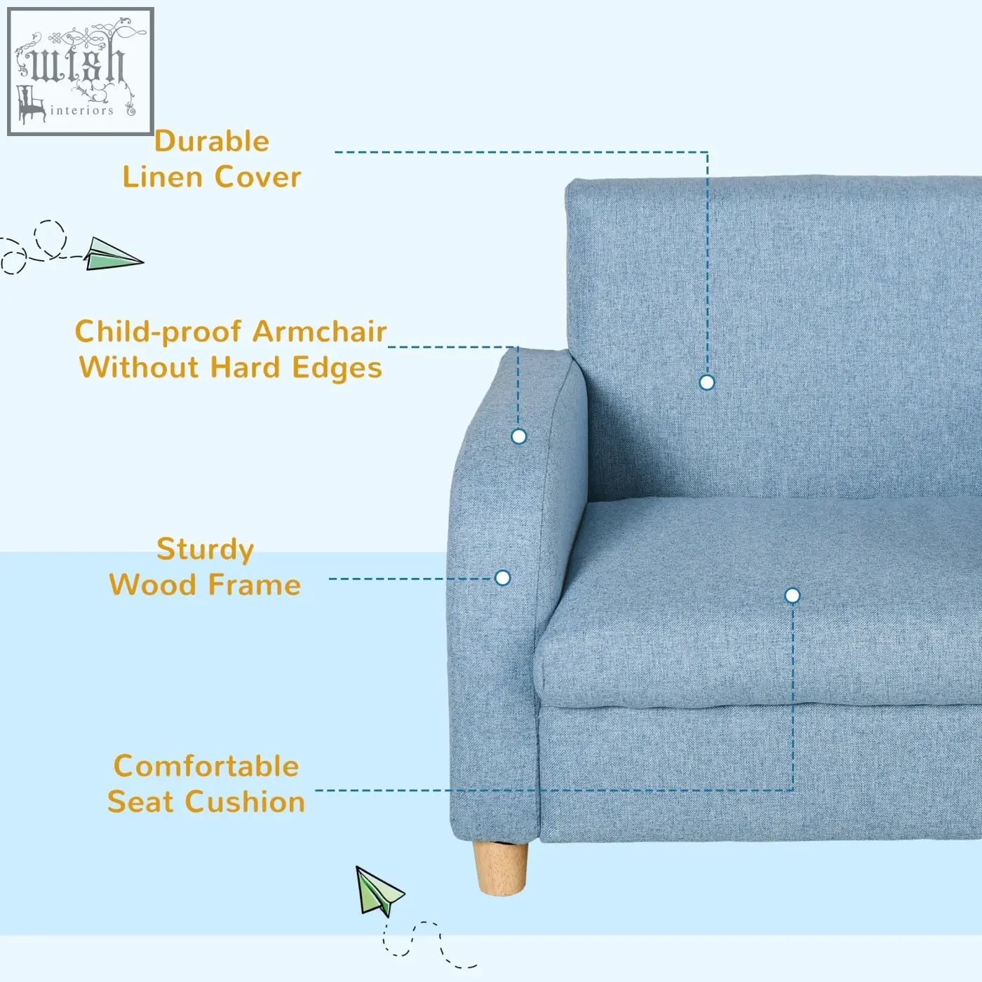 Blue linen upholstery toddler armchair with solid wood frame high armrests and anti slip legs for playroom use