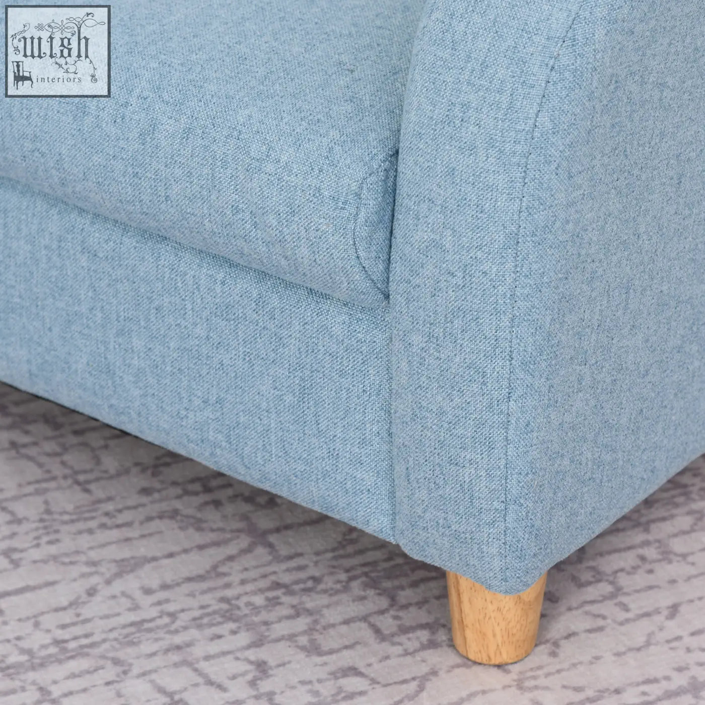 Light blue toddler chair with linen upholstery solid wood frame high armrests and anti slip legs for playroom use
