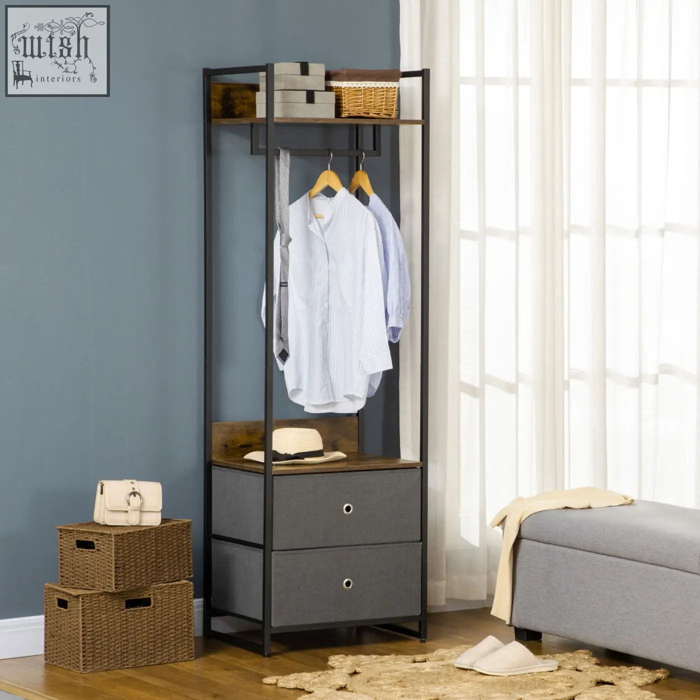 Black metal and wood clothes rail with gray fabric drawers and wicker baskets for bedroom or hallway storage
