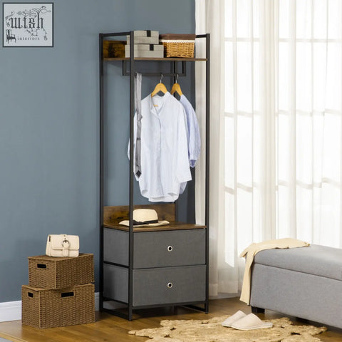 Black metal and wood clothes rail with gray fabric drawers and wicker baskets for bedroom or hallway storage