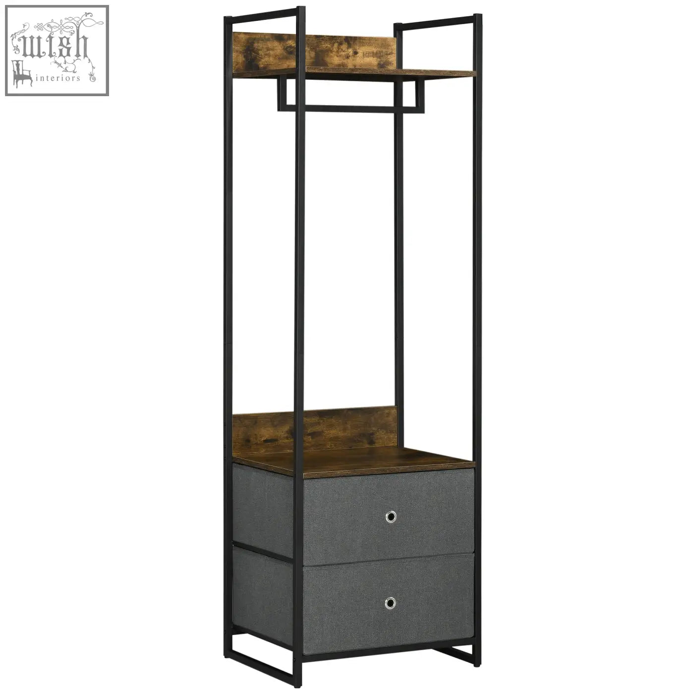 Industrial-style clothes rail with black metal frame, rustic brown wooden shelves, and gray fabric drawers for bedroom use