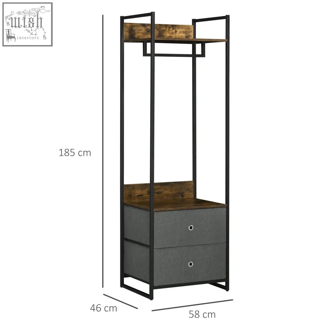 Industrial-style clothes rail with black metal frame rustic brown wooden shelves and grey fabric storage drawers for bedroom