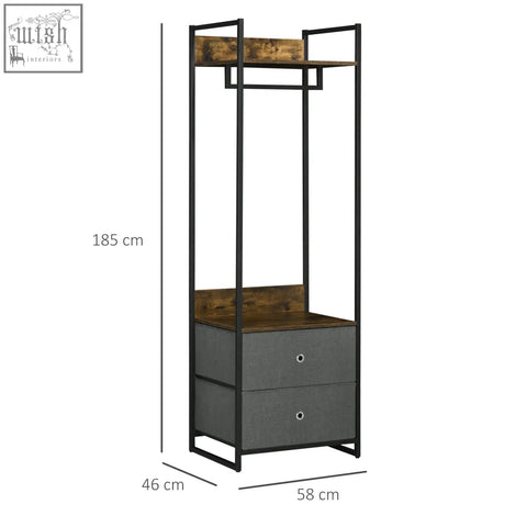 Industrial-style clothes rail with black metal frame rustic brown wooden shelves and grey fabric storage drawers for bedroom