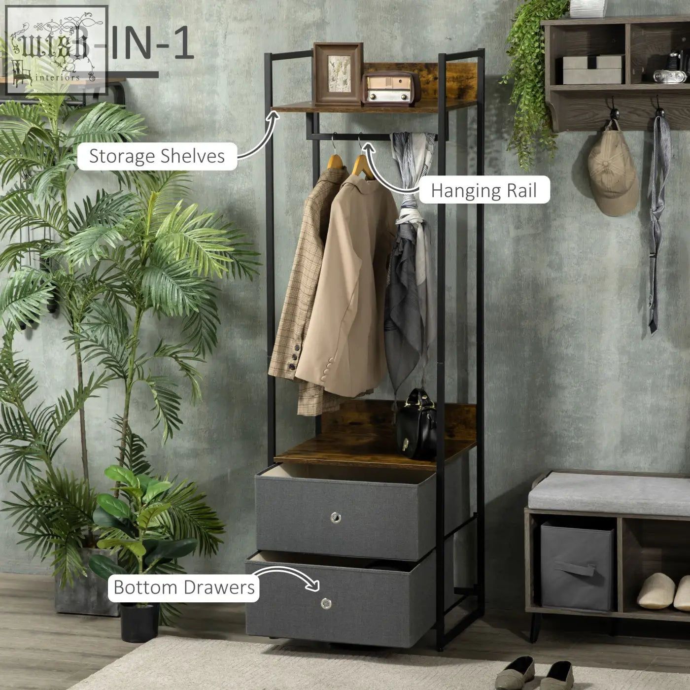 Black metal clothes rail with wooden shelves gray fabric drawers and hanging rail for coats in rustic brown and grey