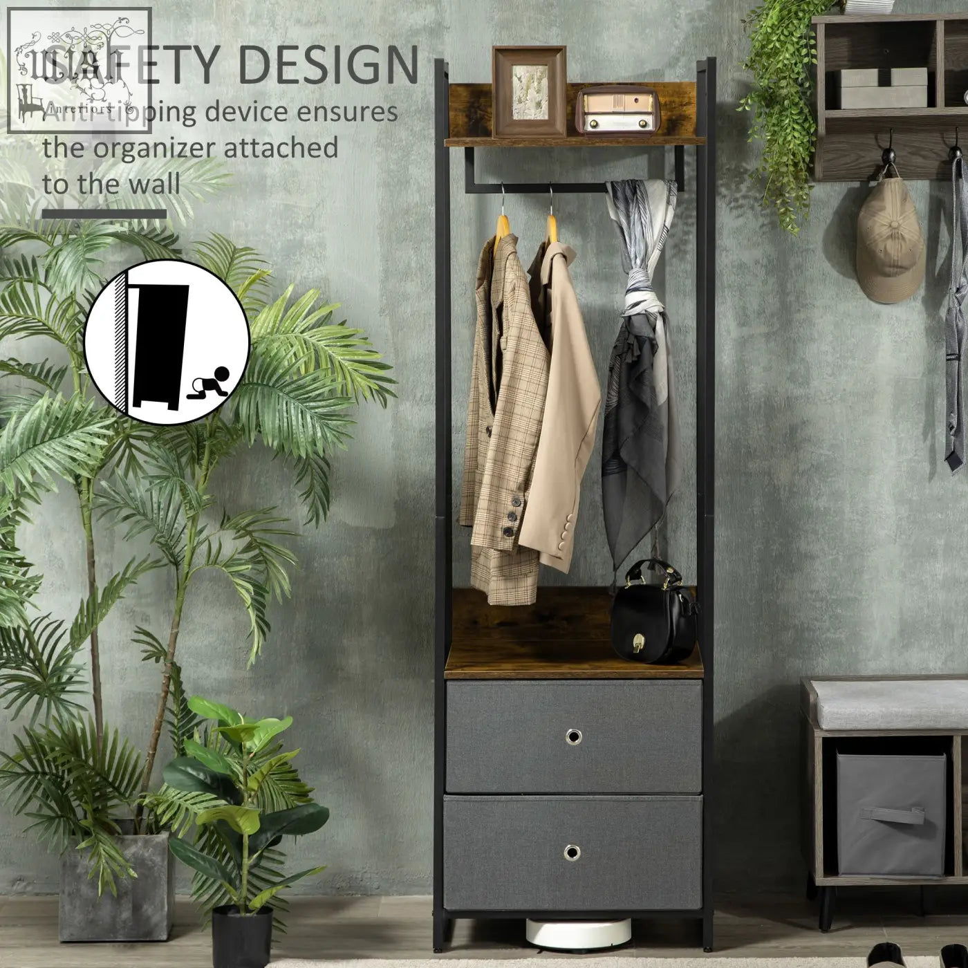 Industrial-style clothes rail with black metal frame, wooden top shelf, and grey fabric drawers for bedroom or hallway storage