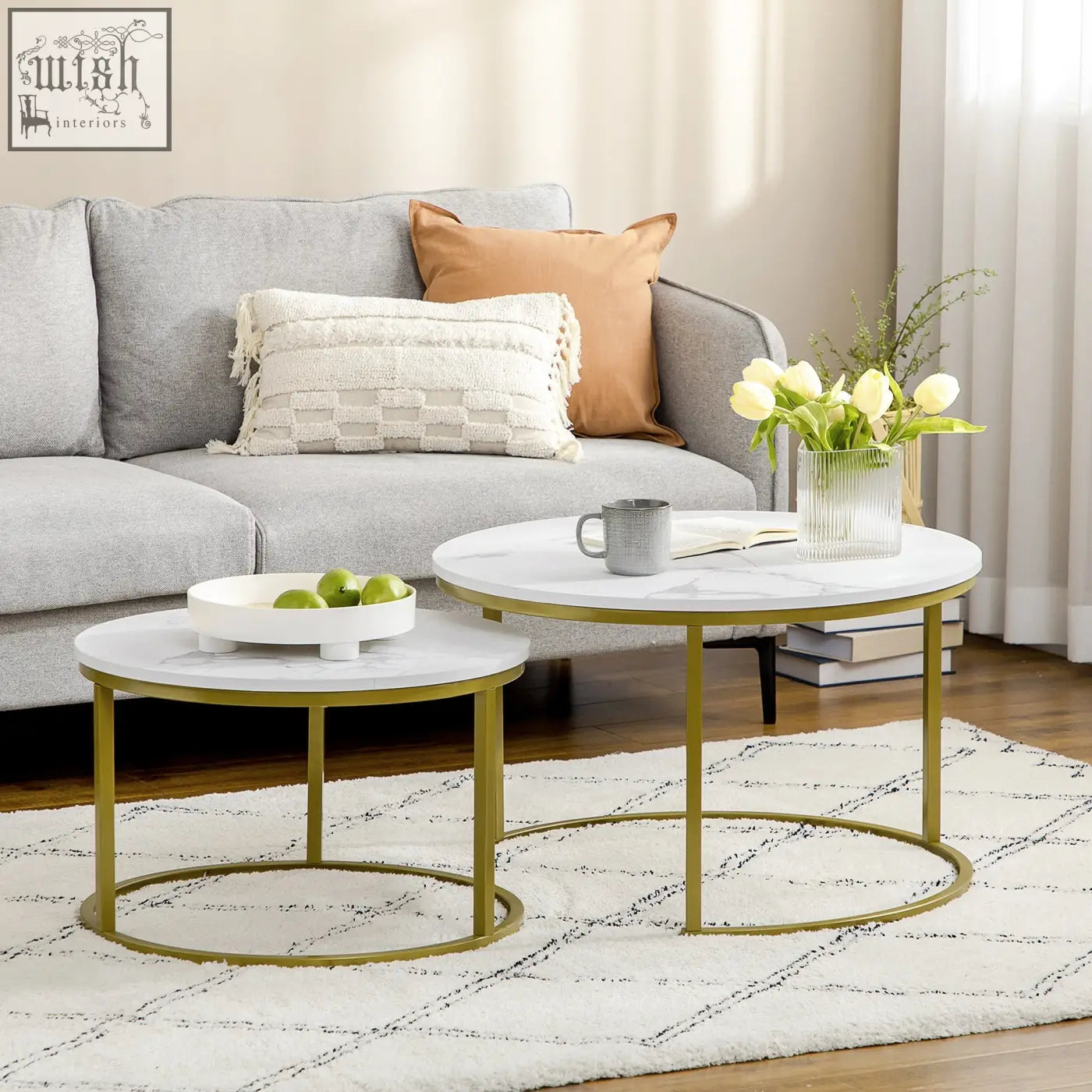 Set of two homcom nesting coffee tables with white faux marble table tops and gold metal frames for living room