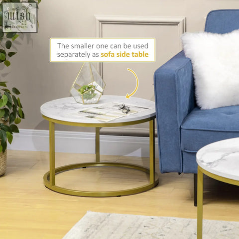 Homcom living room coffee table with a gold metal frame and white faux marble table tops for modern side use