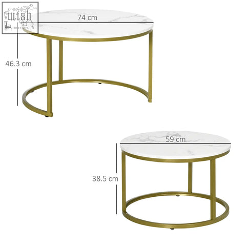 Homcom coffee table set of 2 with white faux marble table tops and gold metal frames for living room use