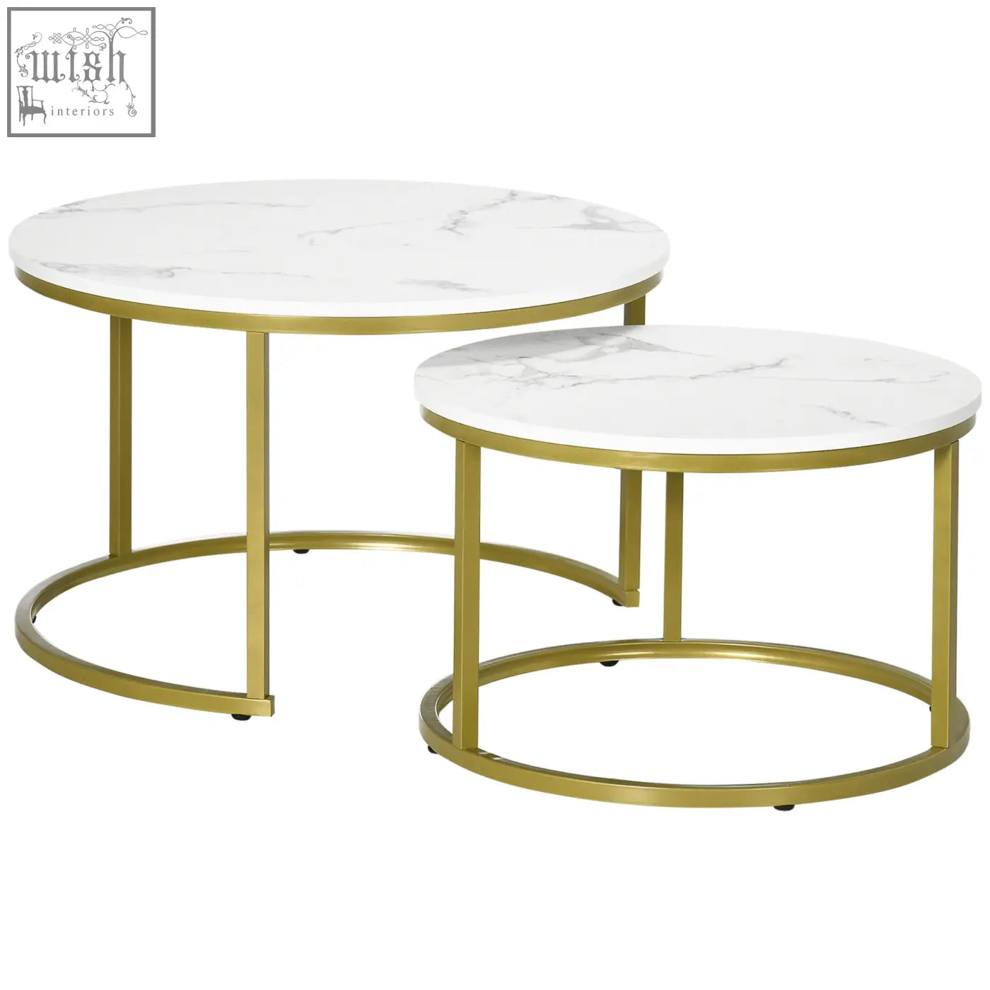 Set of two homcom coffee tables with white faux marble tops and gold metal frames for living room use