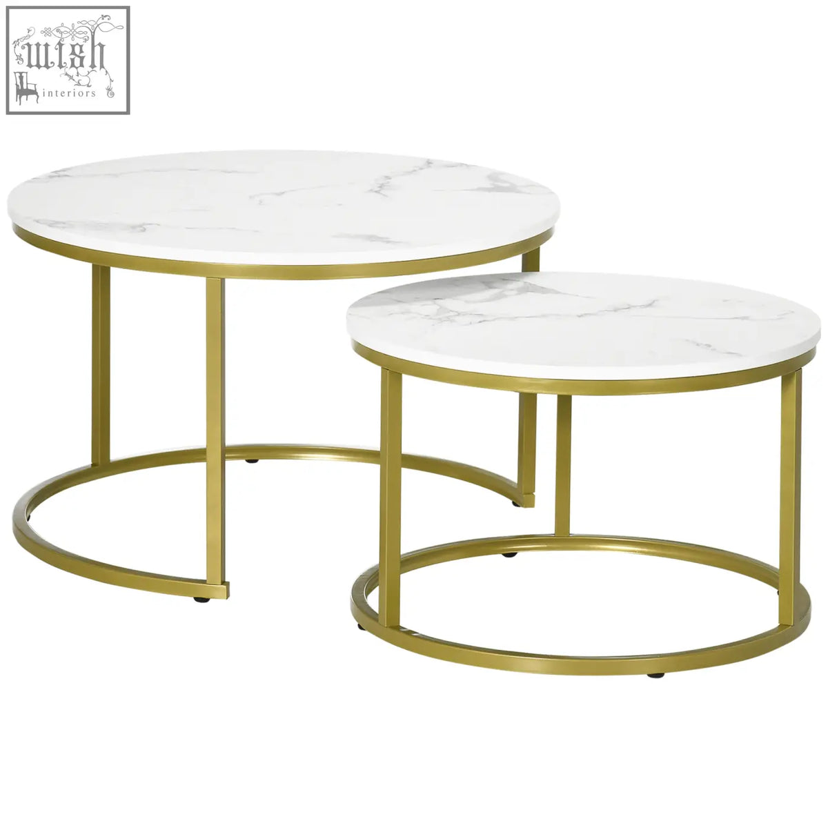 Set of two homcom coffee tables with white faux marble tops and gold metal frames for living room use
