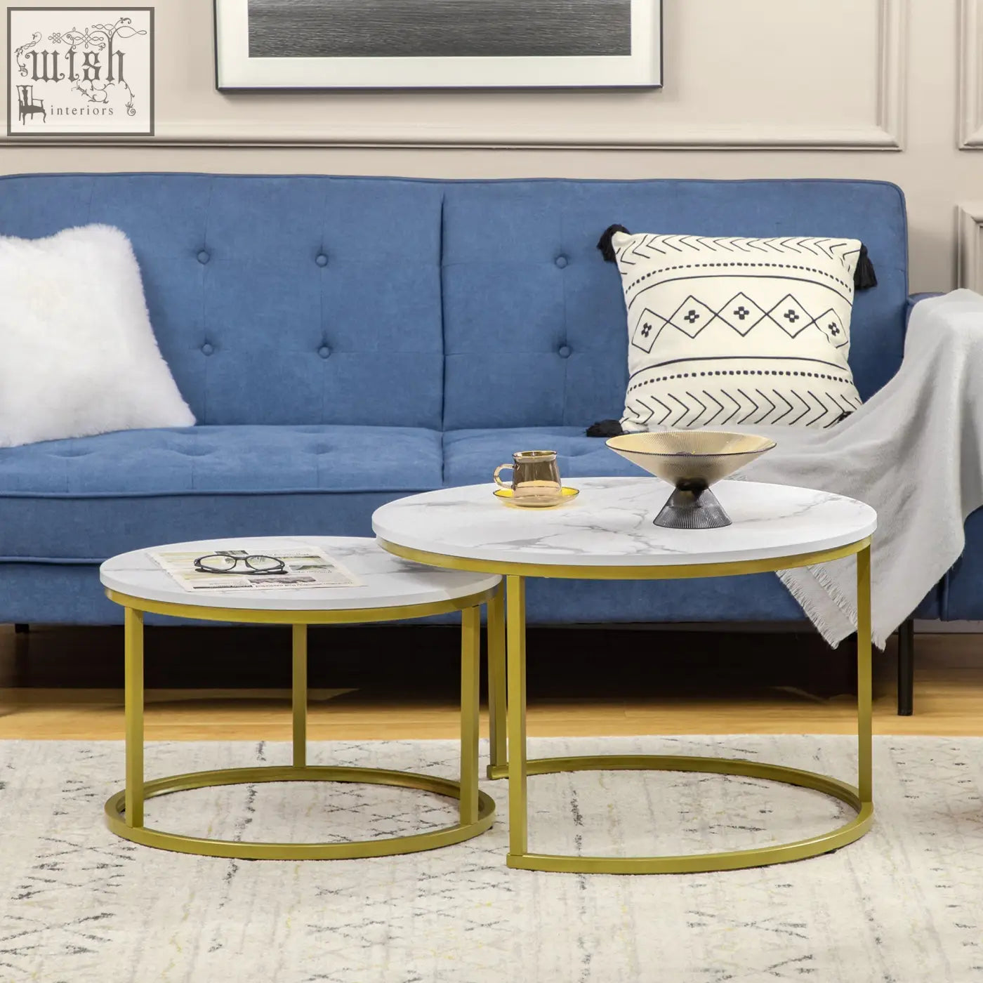Homcom coffee table set of 2 with gold metal frame and white faux marble table tops ideal for living room use