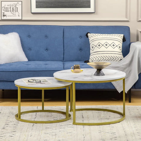 Homcom coffee table set of 2 with gold metal frame and white faux marble table tops ideal for living room use