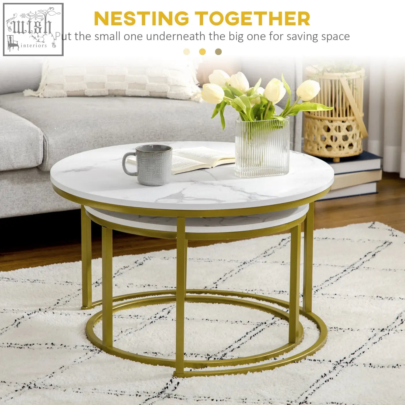Homcom gold metal nesting coffee tables with white faux marble table tops perfect for living room use