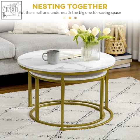 Homcom gold metal nesting coffee tables with white faux marble table tops perfect for living room use