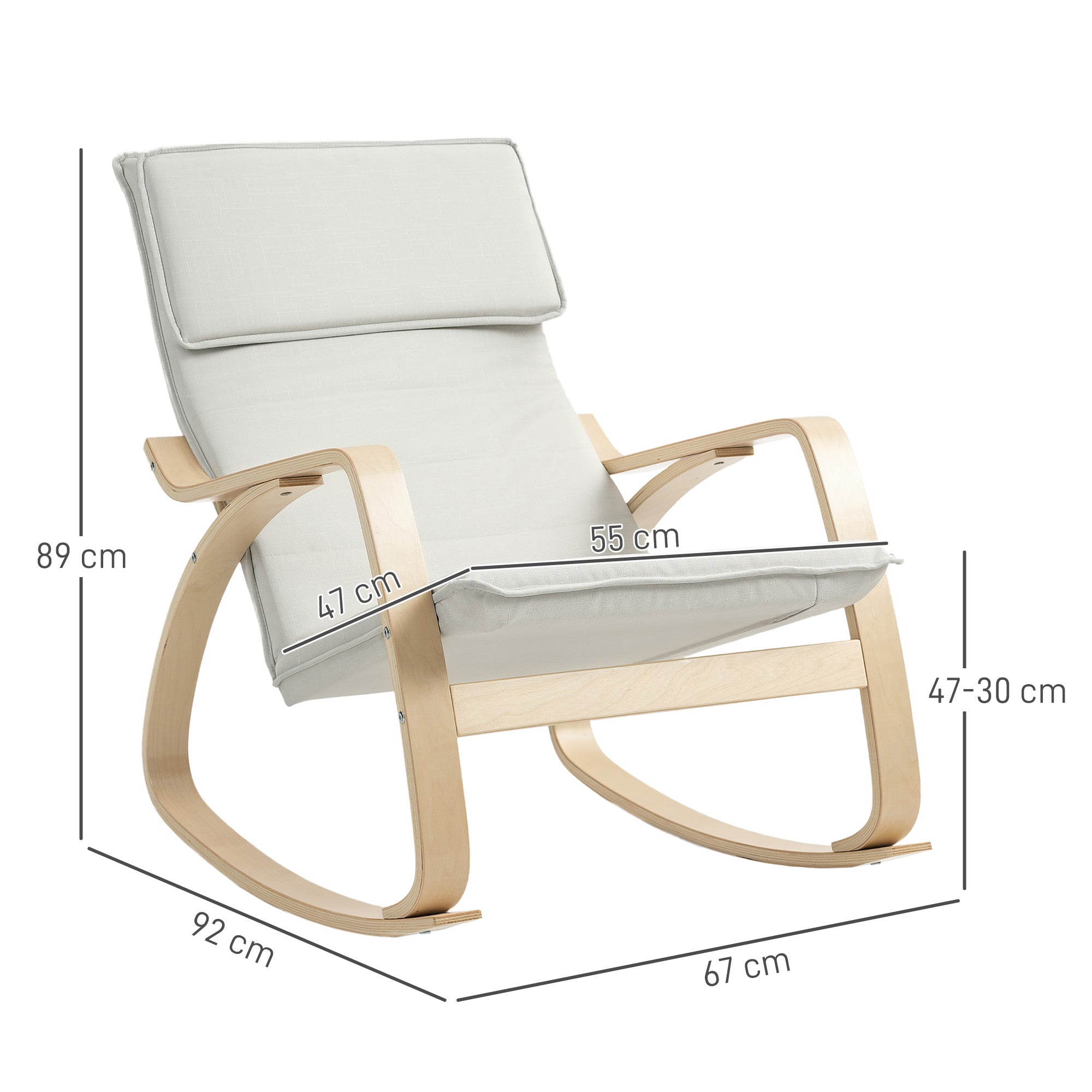 Light gray rocking chair with breathable linen-feel fabric and curved wood frame for living room relaxation
