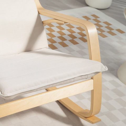 Light wood-framed homcom rocking chair with cream cushions and breathable linen-feel fabric for living room lounging