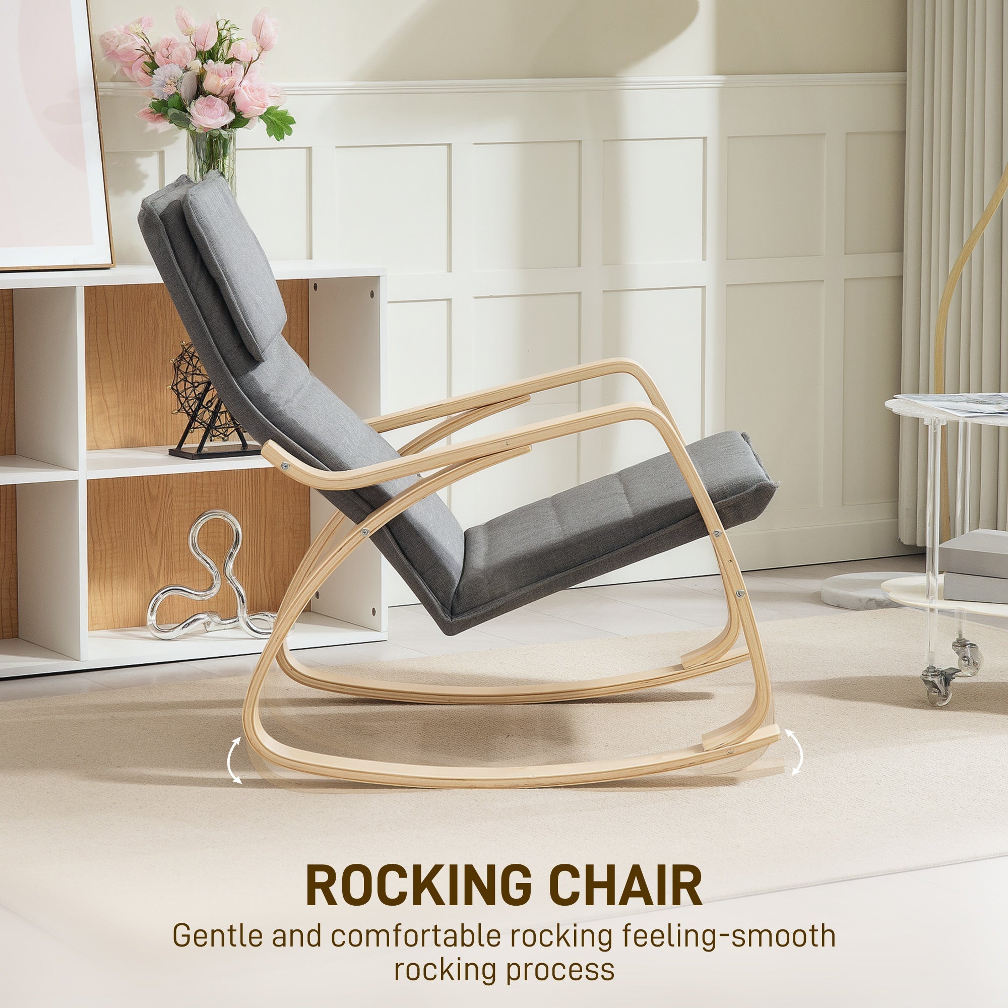 Homcom rocking chair with light wood frame and plush gray breathable linen-feel fabric for living room comfort