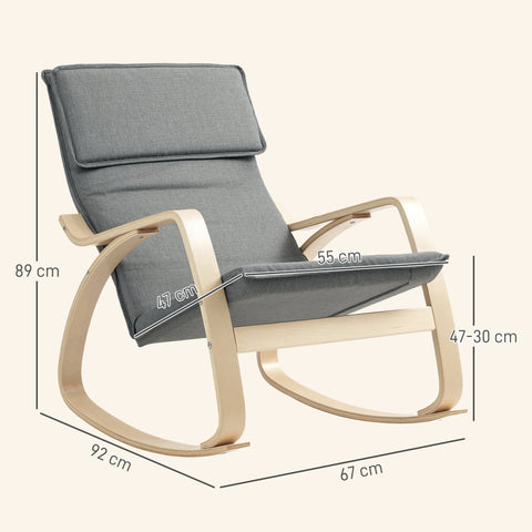 Gray upholstered rocking chair with breathable linen-feel fabric and light wood frame for living room comfort
