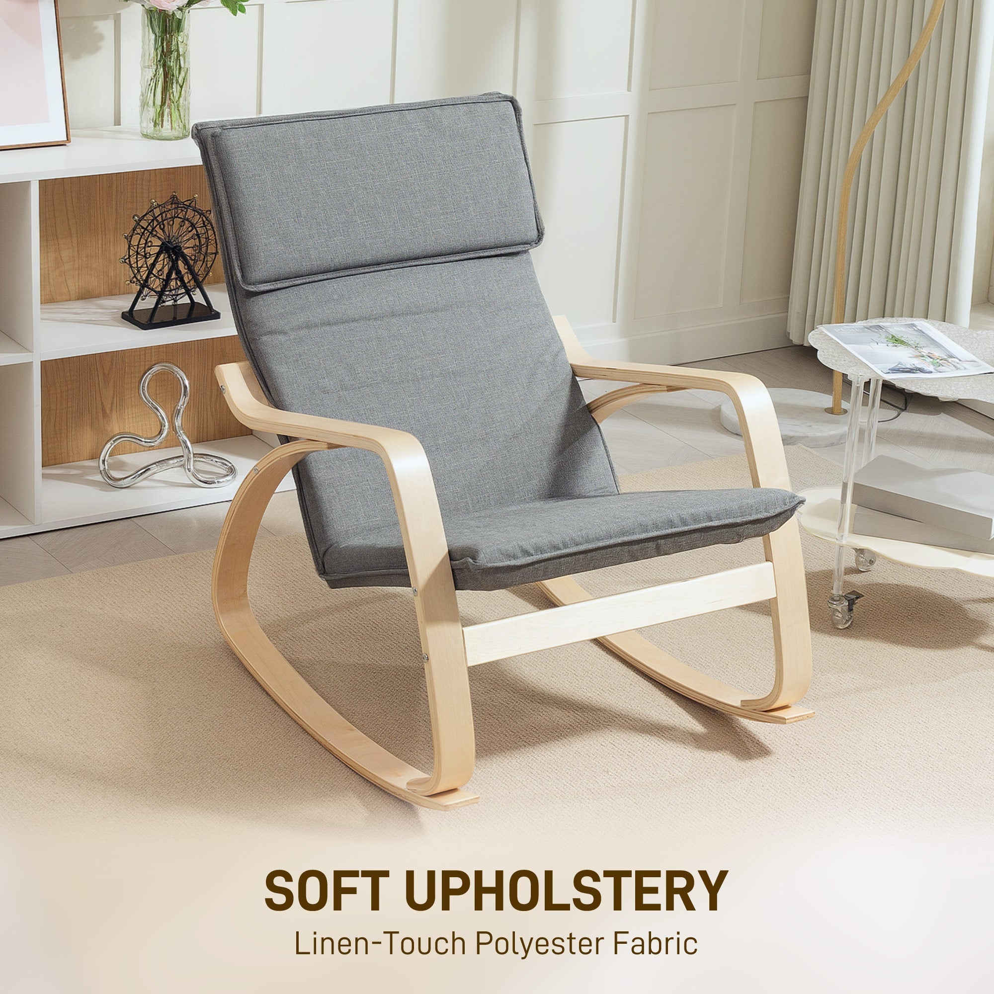 Grey homcom rocking chair with breathable linen-feel fabric and light wood frame for living room relaxation