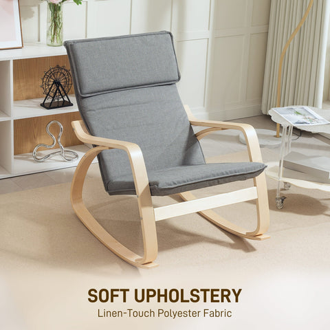 Grey homcom rocking chair with breathable linen-feel fabric and light wood frame for living room relaxation